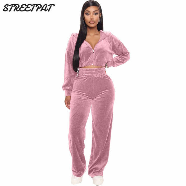 Velvet Two Piece Set Zipper Hoodie Sweatshirt Wide Leg Pant