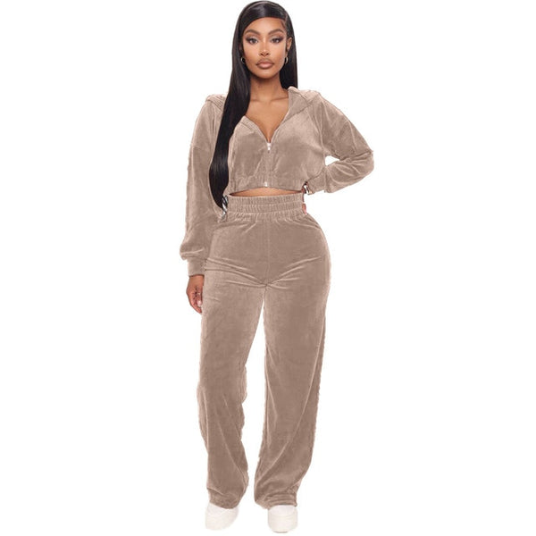 Velvet Two Piece Set Zipper Hoodie Sweatshirt Wide Leg Pant
