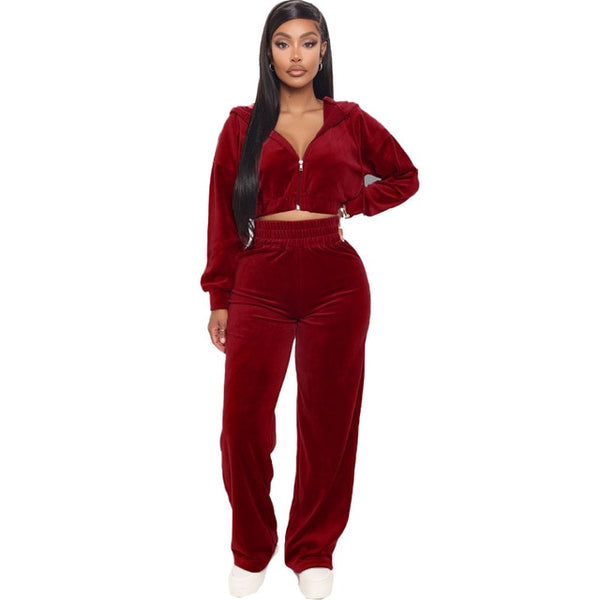 Velvet Two Piece Set Zipper Hoodie Sweatshirt Wide Leg Pant