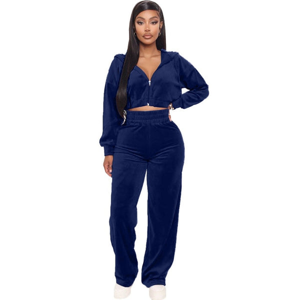 Velvet Two Piece Set Zipper Hoodie Sweatshirt Wide Leg Pant