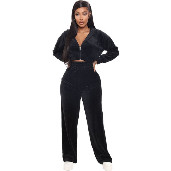 Velvet Two Piece Set Zipper Hoodie Sweatshirt Wide Leg Pant