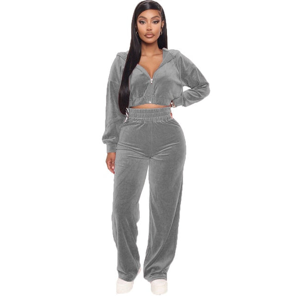 Velvet Two Piece Set Zipper Hoodie Sweatshirt Wide Leg Pant