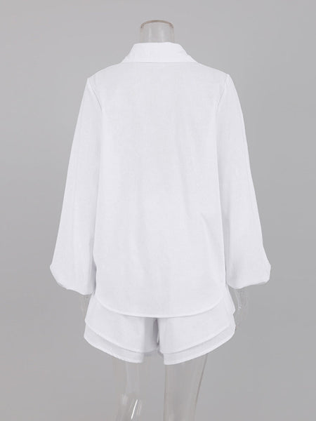 Cotton Linen Women's Long Sleeved Shirt Top Ruffle Shorts 2 Piece