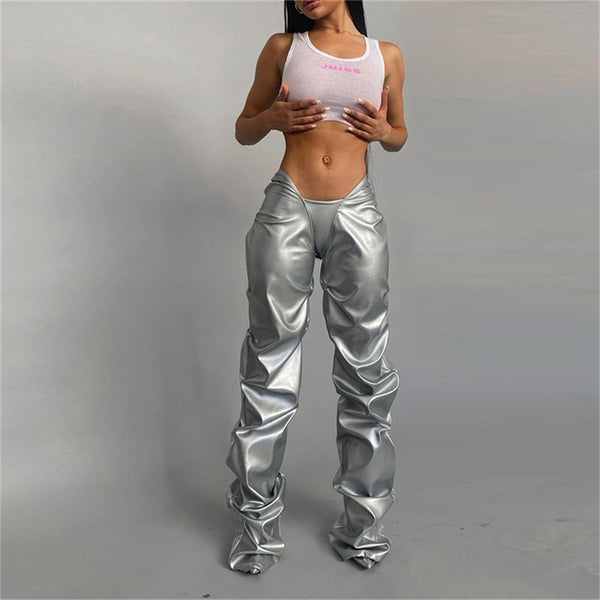 Solid Faux PU Leather Pants Hipster  High Street Elastic Waist
