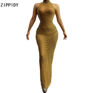 Full Gold Rhinestones Transparent Mesh Long  Dress High Neck