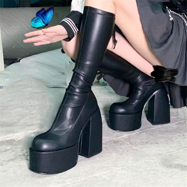 Chunky High Heels Platform Goth Black Women Boots