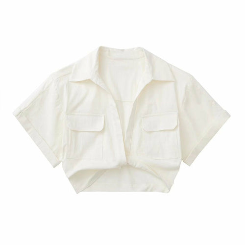 Solid White Office Ladies Casual Shirt Tops  Short Sleeve Pockets