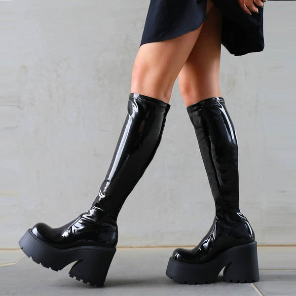 Chunky High Heels Platform Goth Black Women Boots