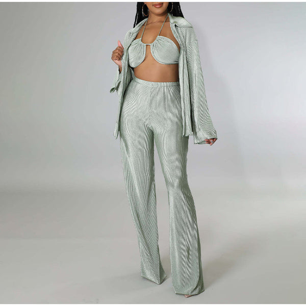 Three Piece Sets  Elegant Solid Color Loose Shirt Trousers Bra Suits