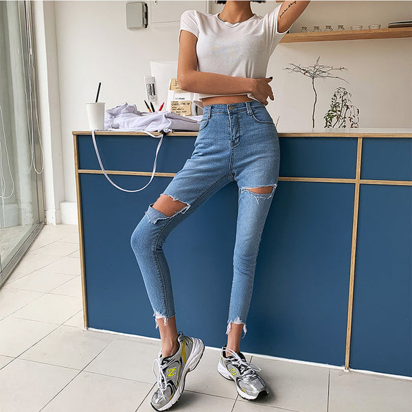Women Denim Jeans Skinny Blue Ripped  Bottoms High Waist Stretch
