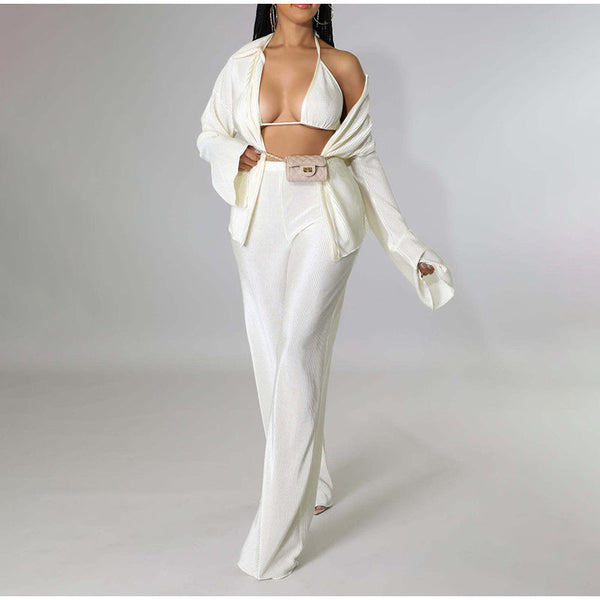 Three Piece Sets  Elegant Solid Color Loose Shirt Trousers Bra Suits