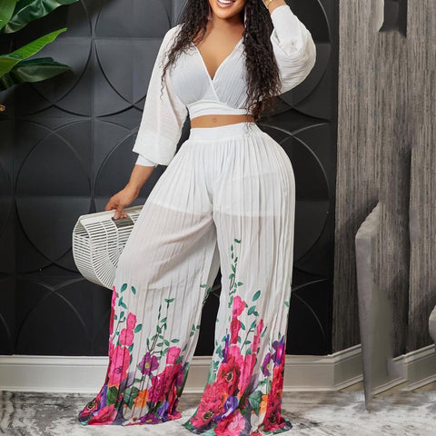 Chiffon Pleated Crop Tops & Long Trousers Printed Outfits