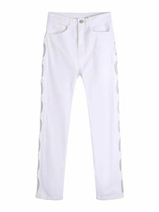 Woman Sexy White Hollow Out Straight Pants