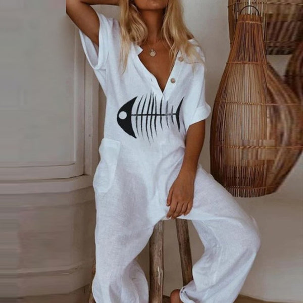 Loose Short Sleeve Eyelash Print Jumpsuit with V Neck Button