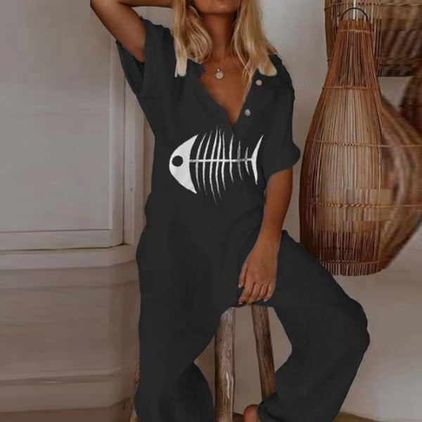 Loose Short Sleeve Eyelash Print Jumpsuit with V Neck Button